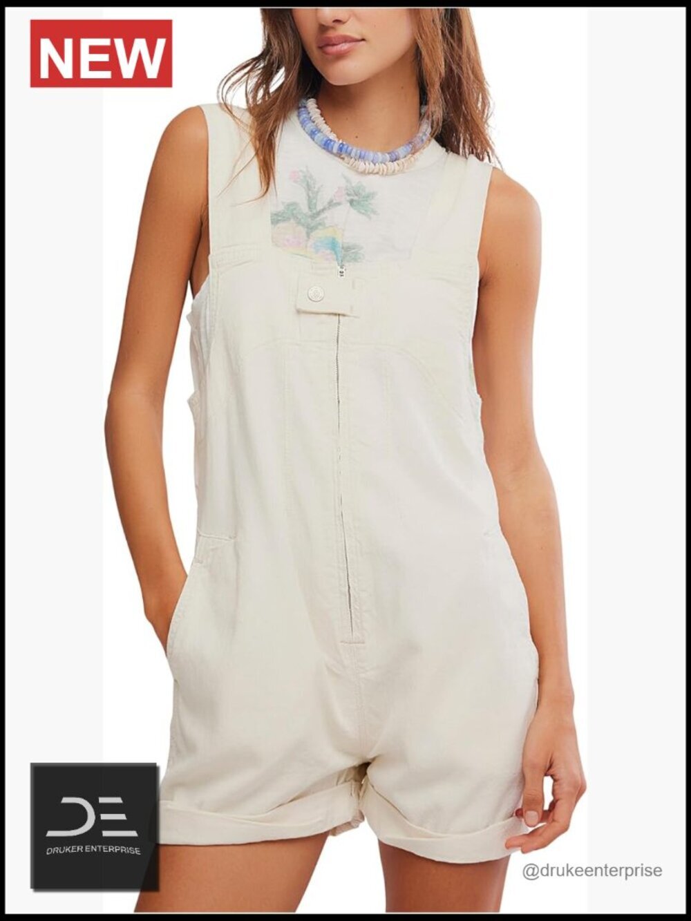 Women's Slouchy Cotton Shortalls Zip Front Pinafore Style